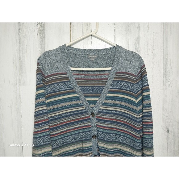 Eddie Bauer Cardigan Women L Multicolor Striped Cotton Lightweight Earthy Art - Picture 3 of 6